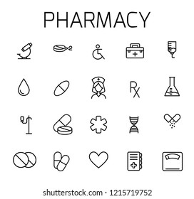 Pharmacy related vector icon set. Well-crafted sign in thin line style with editable stroke. Vector symbols isolated on a white background. Simple pictograms.