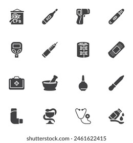 Pharmacy related vector icons set, modern solid symbol collection, filled style pictogram pack. Signs, logo illustration. Set includes icons as medical thermometer, first aid kit, diabetes test
