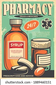 Pharmacy Retro Poster Design With Medicines, Syrup, Pills And Medicament. Vintage Sign For Old Apothecary. Healthcare And Medical Vector Illustration.