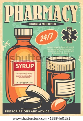 Pharmacy retro poster design with medicines, syrup, pills and medicament. Vintage sign for old apothecary. Healthcare and medical vector illustration.