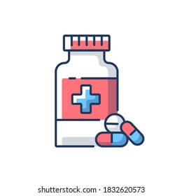 Pharmacy RGB color icon. Drugstore. Pharmaceutical industry. Drugs manufacturing. Pills prescription. Medical treatment. Health care. Hospital department. Isolated vector illustration