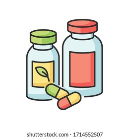 Pharmacy RGB color icon. Pills in containers. Herbal drugs for healthcare. Organic diet supplements. Pharmaceutical products in bottles. Antibiotic, painkiller capsules. Isolated vector illustration