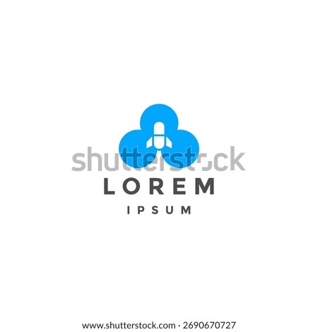 Pharmacy Rocket Pill Start Up Logo Design. Blue Cloud Silhouette Rocket Pill Launching Upward Logo Design.