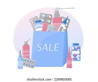 Venta de farmacias. Descuento en la compra de medicamentos. Muchos productos farmacéuticos en bolsa. Composición de medicamentos aislados. Conjunto de pilas, cápsulas, pulverizadores. Ilustración vectorial plana.