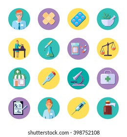 Pharmacy and science equipment colored circle icons set isolated in flat style vector illustration