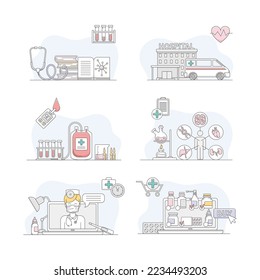 Pharmacy, science and medical care signs set. First aid, online consultation, chemical lab research linear vector illustration