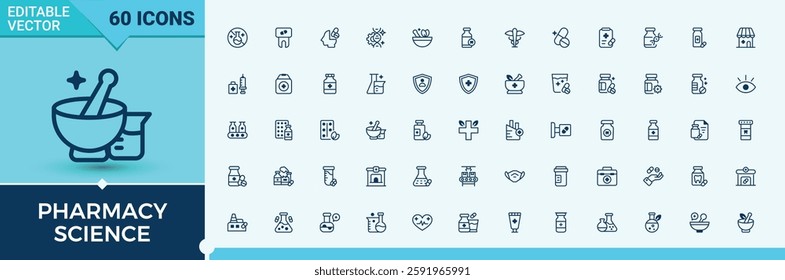 Pharmacy Science simple icon. Icons syringe, medication, vaccine, dose, bottle, bandage, painkiller. Simple icon designs. Solid line editable stroke. Vector illustration.