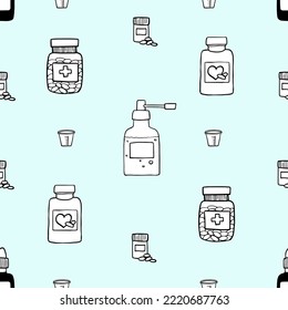 Pharmacy seamless pattern. Background with medical and health care symbols. Hand drawn doodle style vector illustration
