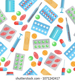 Pharmacy seamless pattern with flat icons of tablets blisters patches capsules thermometer syringe symbols for clinic design print media vector illustration. Pharmacy endless texture background