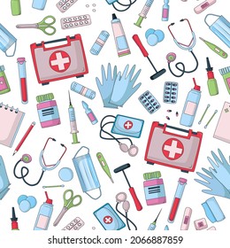 Pharmacy seamless pattern with medical items. Illustration on a white background. Hospital.