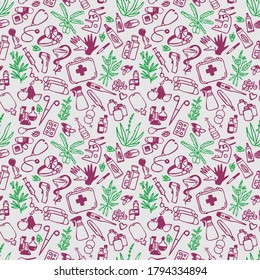 Pharmacy. Seamless pattern with medical symbols.   Vector illustration of medical supplies and pharmacy icons. Outline style