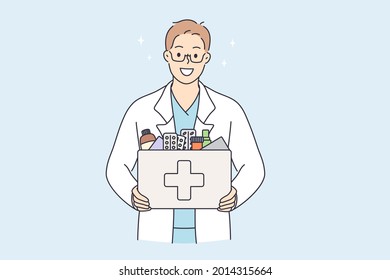 Pharmacy and selling drugs concept. Pharmacist standing and holding bag with pharmacy drugs treatment in bottle alone looking at camera vector illustration