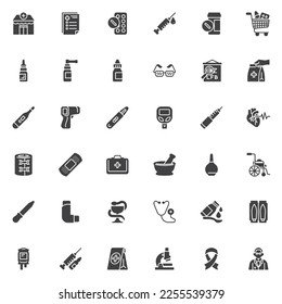 Pharmacy service vector icons set, modern solid symbol collection, filled style pictogram pack. Signs logo illustration. Set includes icon as medical prescription, nasal spray, medicine dropper bottle