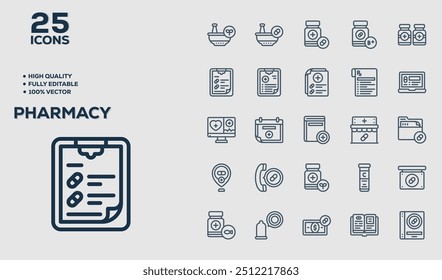 Pharmacy set of 25 outline icons related to Fitness. Linear icon collection. Editable stroke. Vector illustration