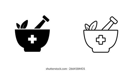 Apotheken-Set-Symbol einzeln auf weißem Hintergrund. Kräuter in einem Mörser mit Pestelsymbol.