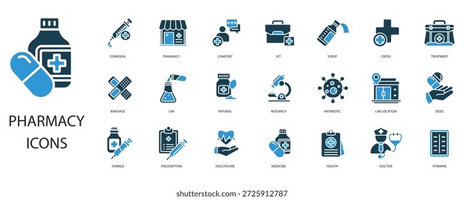 Apothekenset Symbole Umriss und flachen Stil, transparenter Hintergrund
