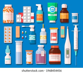 Pharmacy set items. Hospital set of drugs with labels. Medication, pharmaceutics concept. Vector illustration in flat style