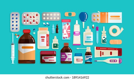 Pharmacy set items. Medicines, medical products. Vector illustration in flat cartoon style.