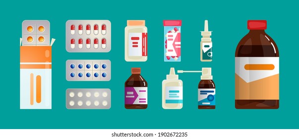 Pharmacy set items. Medicines, medical products. Vector illustration in flat cartoon style.