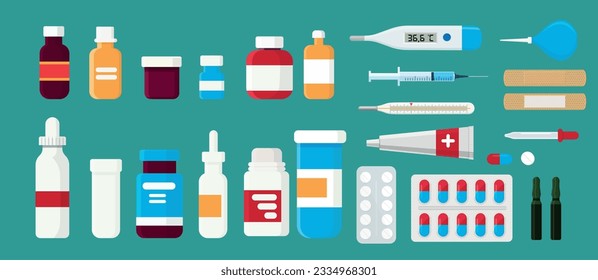 Pharmacy set items. Medicines, medical products. Vector illustration in flat cartoon style.