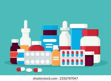 Pharmacy set items. Medicines, medical products. Vector illustration in flat cartoon style.