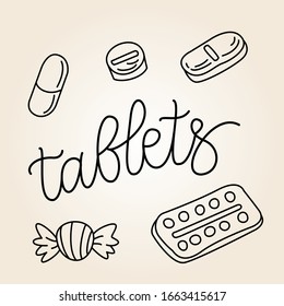 Pharmacy Set of pills and tablets. decoreted with handwritten calligraphy script. outline, cute, ink style. Vector Isolated Graphic Design Elements and Illustration. Outline doodle.