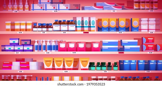 Pharmacy shelf, drugstore rack with medicine retail products, shop showcase with pharmaceutical pills, remedy and drug packs, bottles, tubes and sprays with price tags Cartoon vector illustration