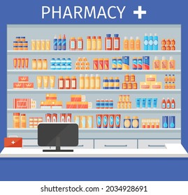 Pharmacy shelf with medical products. Medicines and medications on drugstore shelves. Pharmaceutical counter with pills, bottles packets liquids syrup capsules. Hospital store. Vector illustration