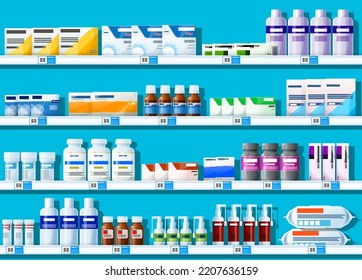 Estante de farmacia con medicamentos. Estantes vectoriales del interior de la farmacia con pastillas, vitaminas, cápsulas y botellas de drogas. Contenedores de plástico, frascos de vidrio, cajas de papel, pulverizaciones, toallitas húmedas en los mostradores