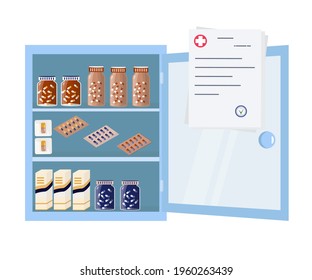 Pharmacy shelf on wall. Medicine chest. On the shelves there are drug, pills in blister packs, bottles. Full, open pharmaceutical chest for the first aid kit. Doctor's prescription. Medical office. 