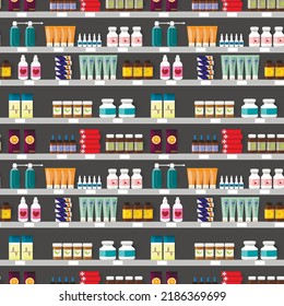 Pharmacy shelves with medicine bottles, sprays and pills.Vector seamless pattern