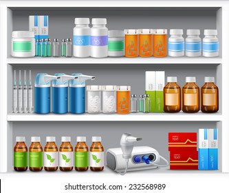 Pharmacy shelves with medicine pills bottles liquids and capsules realistic vector illustration