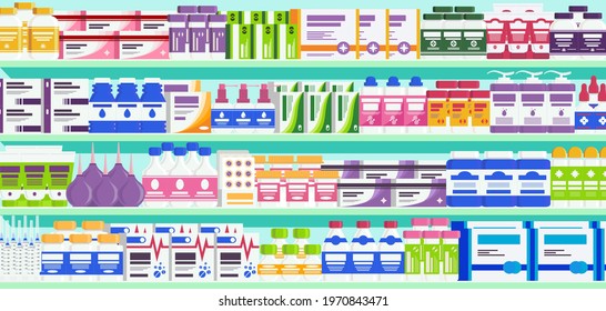Pharmacy shelves with medicine pills, capsules, bottles vitamins, tablets, drug, antibiotic healthcare. Modern interior of pharmacy. Vector 10 eps