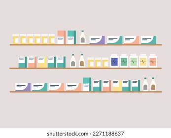 Pharmacy shelves with medicines. Concept of pharmaceutics and medication. Flat style vector illustration.