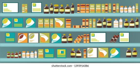 Pharmacy shelves with medicines drugs and vitamins. Pharmacy interior. Vector illustration