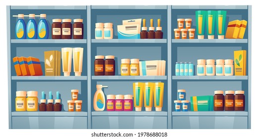 Pharmacy shelves with medicines, drugstore showcase with pills, vitamins, bottles with liquid medications and cream in tubes. Vector cartoon illustration of rack with medical drugs and tablets