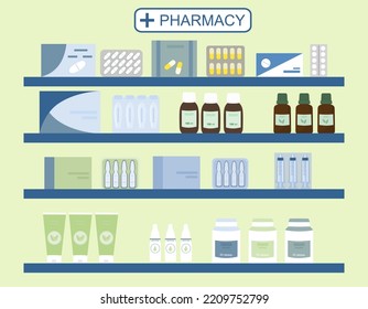 Pharmacy shelves with medicines. Flat style. Vector illustration 
