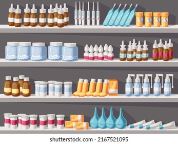 Apotheke bietet Medikamente an. Medikamente, Medikamentenflaschen, Medikamente und Pillen auf dem Regal Cartoon Vektorgrafik. Behandlung der Apotheke, Medizin