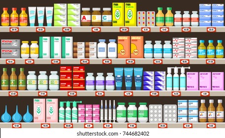 Pharmacy Shelves With Medicine.Vector Illustration