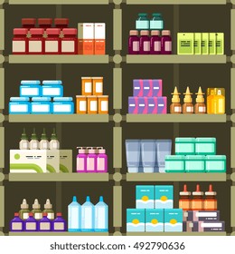 Pharmacy shelves with pills and drugs medicine boxes vector seamless pattern. Background apothecary, capsule in pack for health illustration