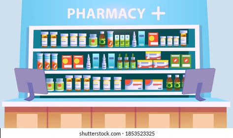 Pharmacy with shelves of pills. Vector cartoon background.