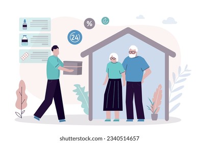 Pharmacy shipping. Home delivery of medicines. Family of old people order pills online. Male courier brought box of medicines home to elderly. Convenient purchase technology, pharmaceuticals. vector