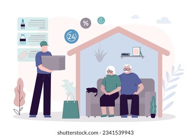 Pharmacy shipping. Home delivery of medicines. Family of old people order pills online. Male courier brought box of medicines home to elderly. Convenient purchase technology, pharmaceuticals. vector