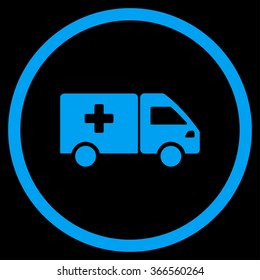 Pharmacy Shipping vector icon. Style is flat circled symbol, blue color, rounded angles, black background.