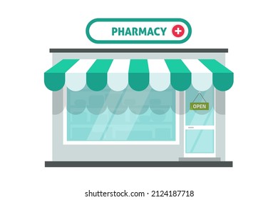 Pharmacy shop building vector isolated or small medical pharmacist storefront store facade window flat cartoon illustration, drugstore front or shopfront with awning single on white background