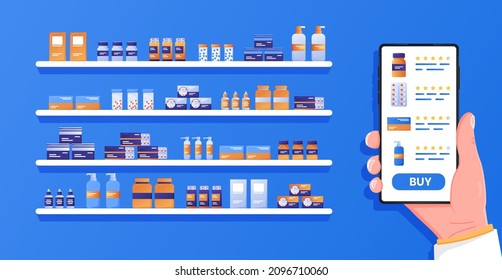 Pharmacy shop facade. Health care application on smartphone. Hand holding mobile phone with internet pharmacy shopping app. 