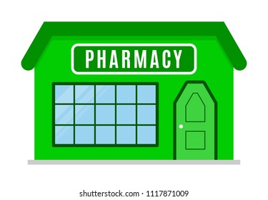 Pharmacy. Shop in a flat style. Cute stylish drawing. Front of the store building. Vector illustration of a green color on a white background.