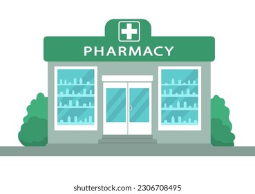 Pharmacy shop front facade icon. Vector illustration