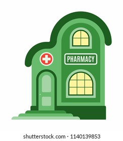 Pharmacy shop icon, store symbol, market. Facade of the building, storefront in cartoon or flat style. Sign of the house is green color. Stylish image. Vector illustration isolated on white background