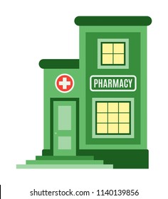 Pharmacy shop icon, symbol store, market. Facade of the building, storefront in flat or cartoon style. Sign of the house is green color. Stylish image. Vector illustration isolated on white background